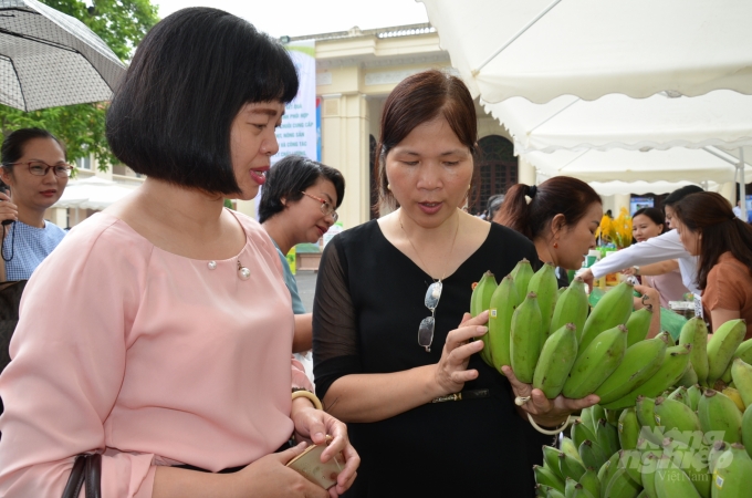 Chị Phạm Thị Lý-Trung tâm Doanh nghiệp Hội nhập và Phát triển giới thiệu mã nhận dạng với khách. Ảnh: Dương Đình Tường.